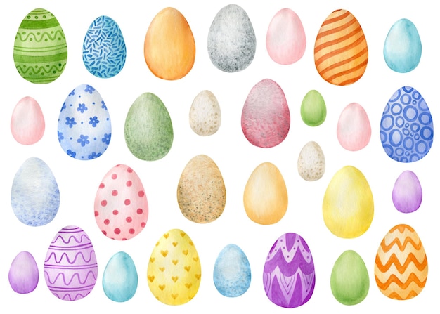 Watercolor set of illustrations of colored Easter eggs