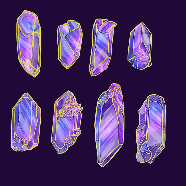 Watercolor set of illustrations of crystals on purple background The drawn elements of the clipart