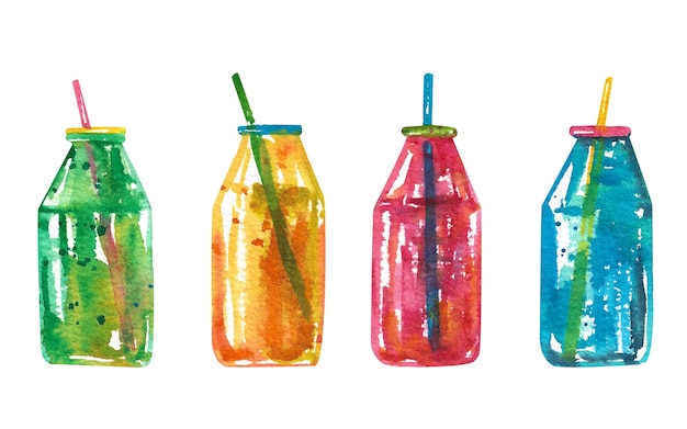 Watercolor set of lemonades Several soft drinks in a bottle with a straw
