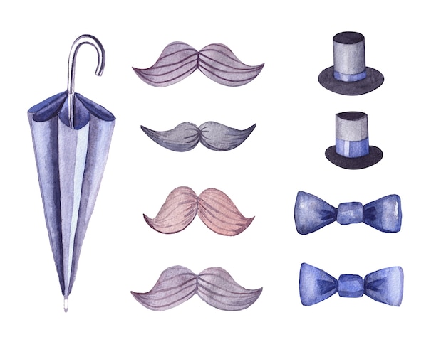 Watercolor set little gentleman for men and boys. set for shops
of men's suits and accessories: umbrella cane, hats cylinders,
mustache, bow tie