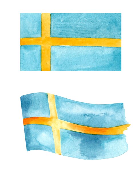 写真 スウェーデン国旗の水彩セット 手描きイラスト