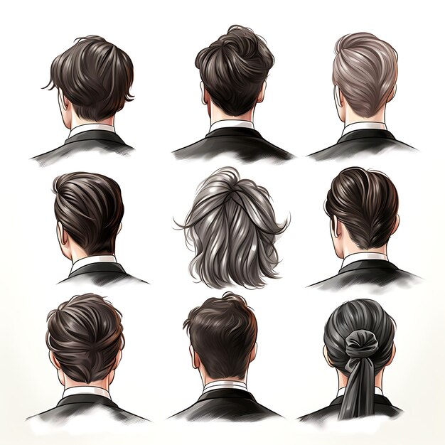 Watercolor Set of Regency Side Combed Hairstyle Combed Hair Type Charcoal Grey Clipart 2D Flat