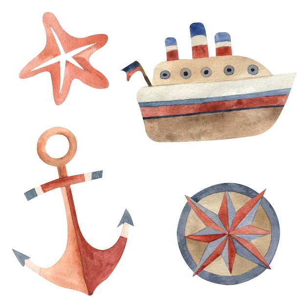 Photo watercolor set of sea illustrations with ship star anchor and compass in retro style