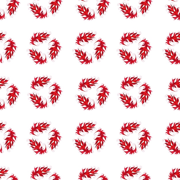 Watercolor set of seamless patterns with stylized red acanthus leaves