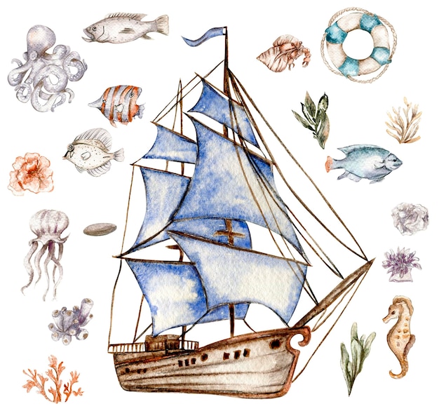watercolor set of seashells seahorse starfish bubbles on an isolated white background