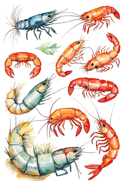 Photo watercolor set of shrimps