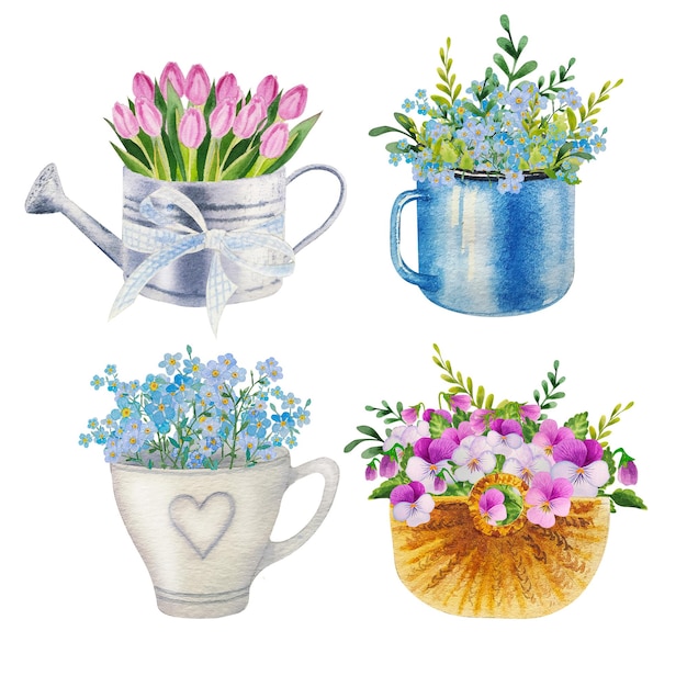 Watercolor set of spring flower bouqets in cup jug and wooden box