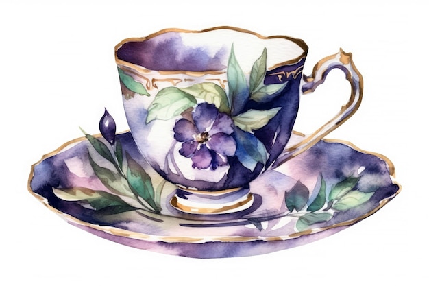 白い背景に分離された紅茶またはコーヒー カップの水彩セット自家製マグカップ生成 Ai