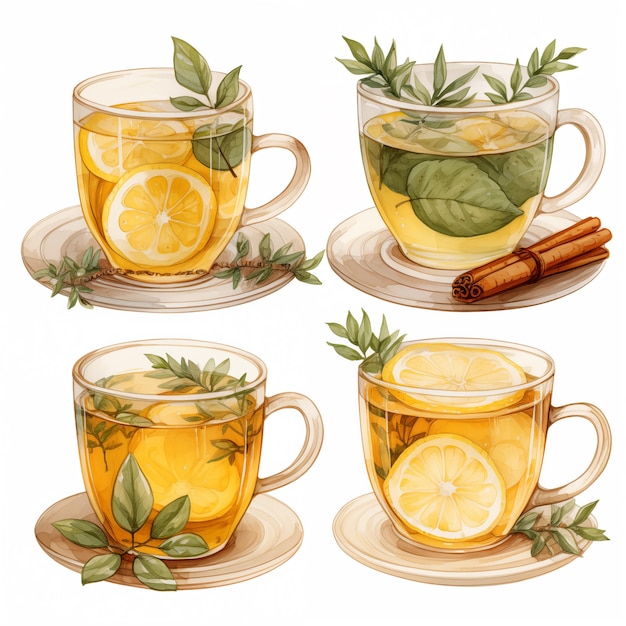 Watercolor set of Tea glass cupswith slice of lemon isolated on white background Homemade mug
