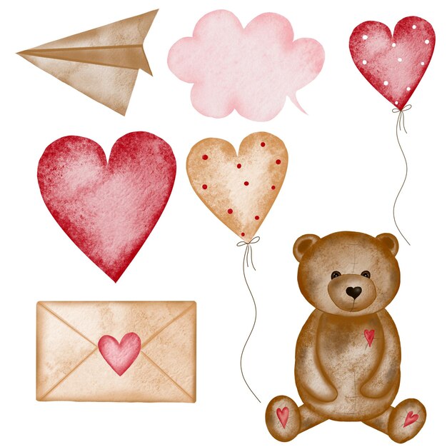 Watercolor set for valentines day cute drawings of a bear a love letter a balloon a cloud and an