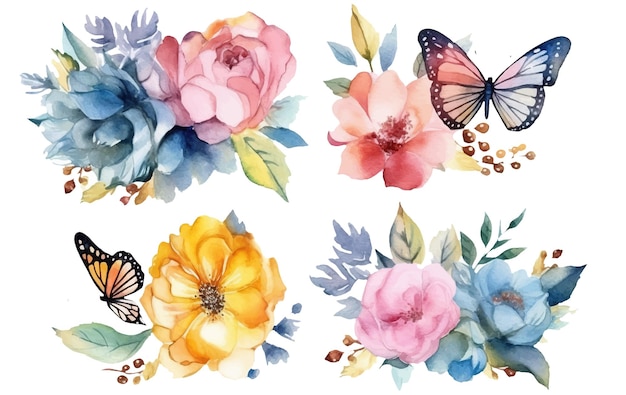 Watercolor set vector illustration of tropical butterfly isolated on white background