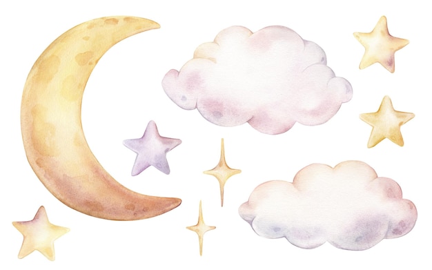 watercolor set of watercolor illustrations with cute clouds moon and stars in pastel rainbow colors