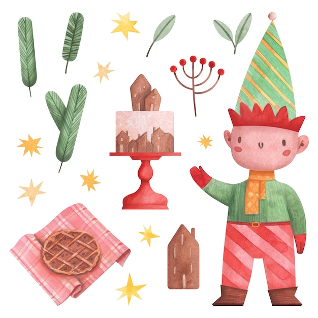 watercolor set with elf cake on a stand and cookies house with stars