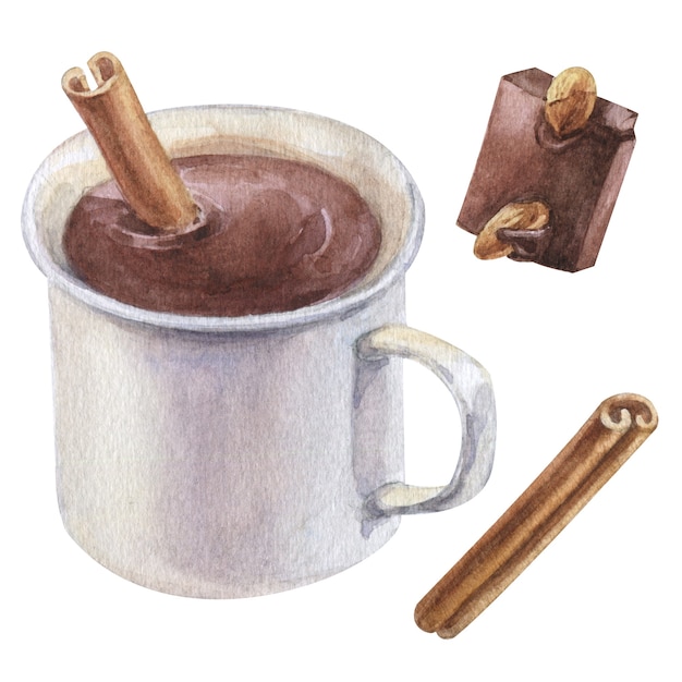 Watercolor set with hot chocolate, cinnamon, and pieces of chocolate