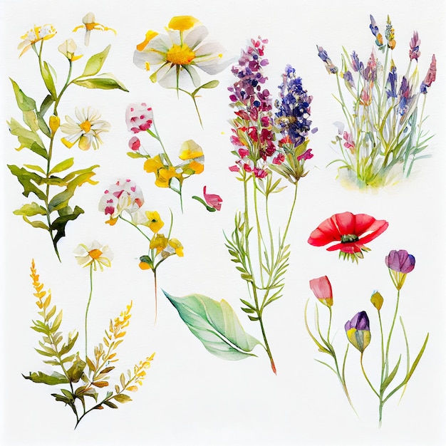 Watercolor set with wild meadow flowers herbs leaves Summer botany nature elements Bright field wildflowers and plants