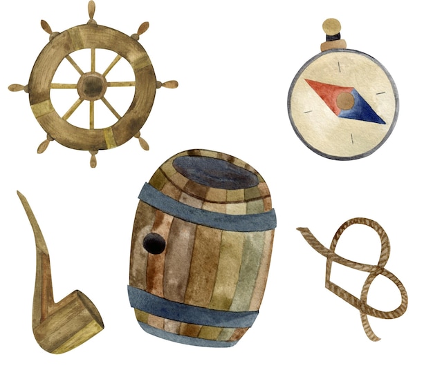 Watercolor set of wooden sailing elements Wine barrel compass steering wheel helm pipe and rope