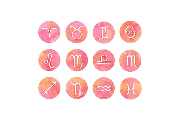 Watercolor set of zodiac signs icons isolated on white background