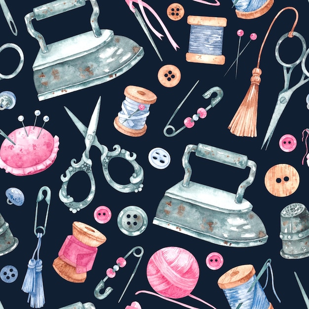 Watercolor sewing pattern with dark background