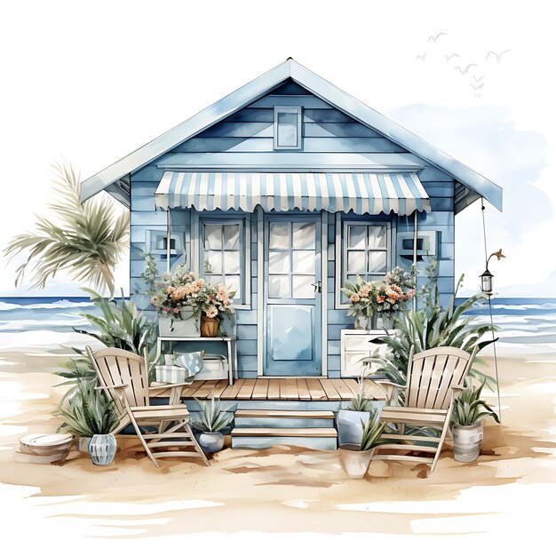 Photo watercolor of shabby chic beach cottage a room with a shabby on white background with cozy place