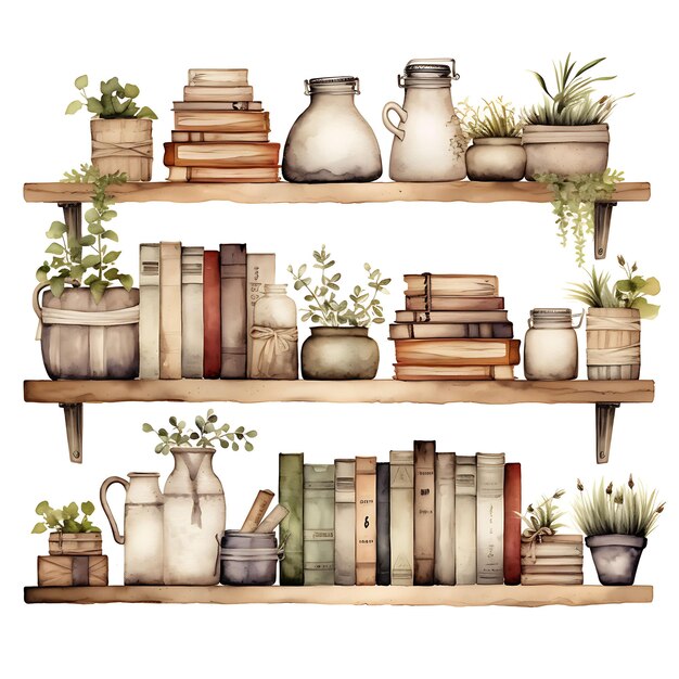 Premium AI Image | Watercolor of Shelves Jars Books Baskets Vintage