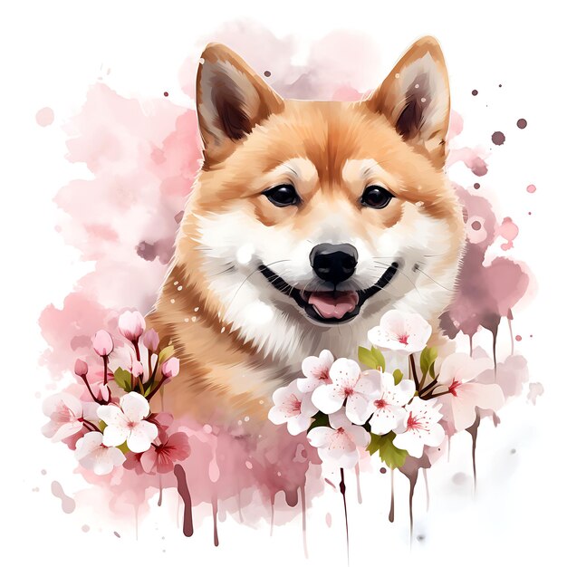 Watercolor shiba inu dog surrounded by cherry blossoms flowe on white background digital art