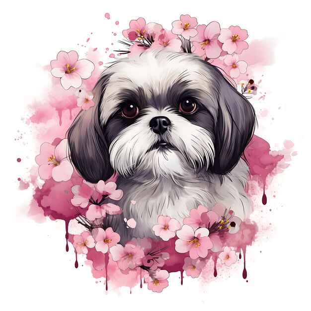 화려한 체리 꽃 가운데의 수채화 Shih Tzu Dog Br on White Background 디지털 아트