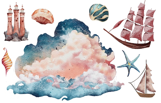 Foto nave ad acquerello nell'oceano con onde e nuvole illustrazione rosa e blu isolata su bianco