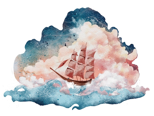 白に隔離されたピンクと青のイラストで波と雲を描いた海の中の水彩の船