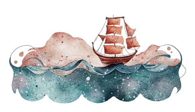 watercolor ship in the ocean with waves and clouds pink and blue illustration isolated on white