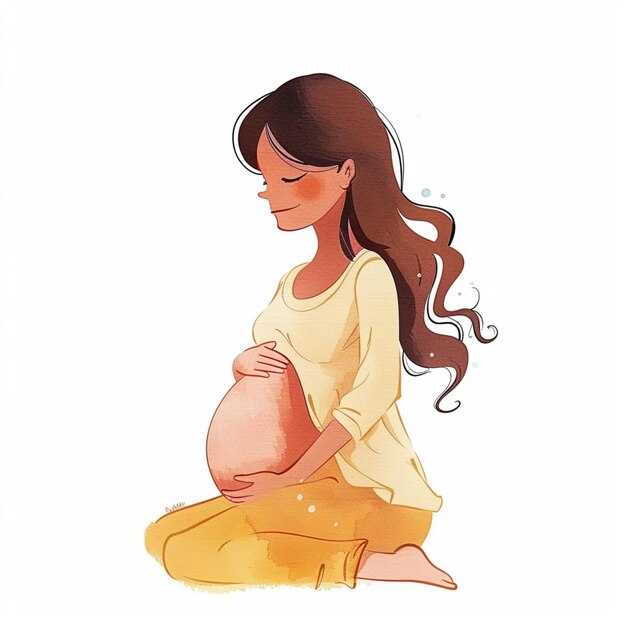 Watercolor shot of a beautiful chibistyle pregnant woman