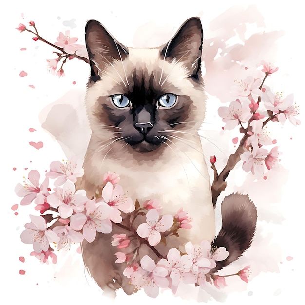 白い背景のデジタル アートをキャプチャする桜の花の中に水彩のシャム猫