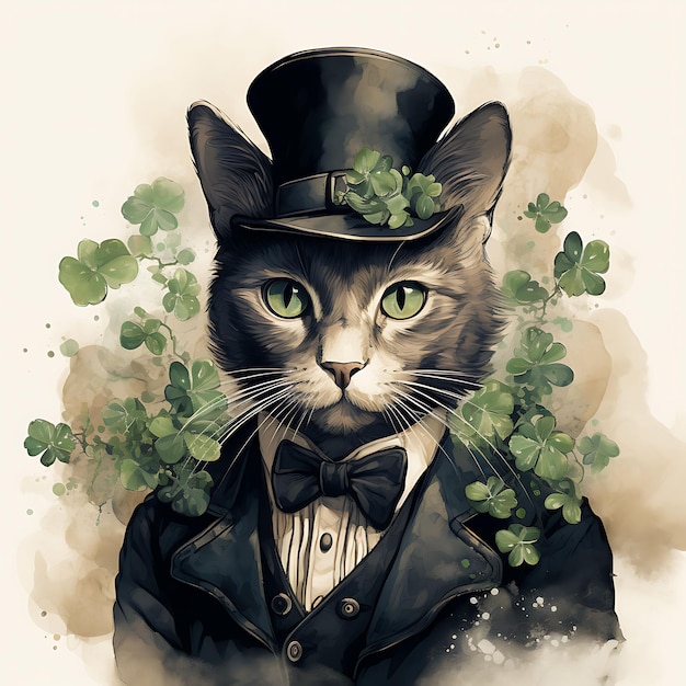 Watercolor of siamese cat wearing a top hat velvet suit green ascot four l patrick day clipart