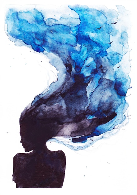 流れる髪を持つ女の子の水彩画のシルエット ファンタジー抽象化の水彩画の汚れ ブルー