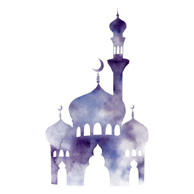 Photo watercolor silhouette of islamic mosque and minaret with crescent moon illustration isolated on whit