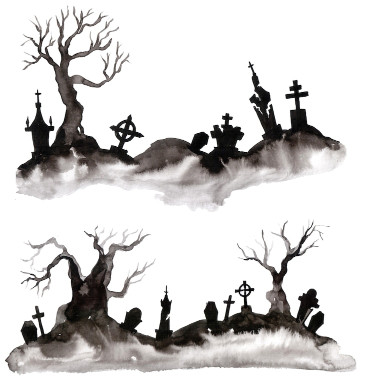 Photo watercolor silhouette of a tree and grave. wonderful postcard on halloween