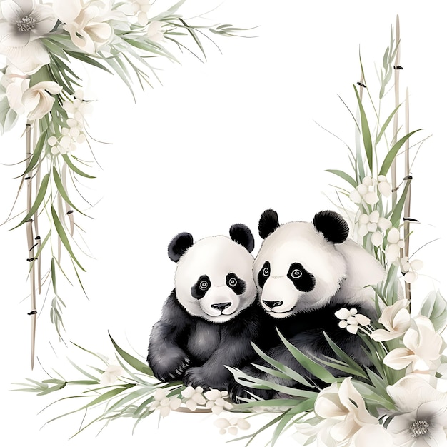 Photo watercolor of silk fabric frame with orchid flowers pandas and bamboo stal clipart tshirt design