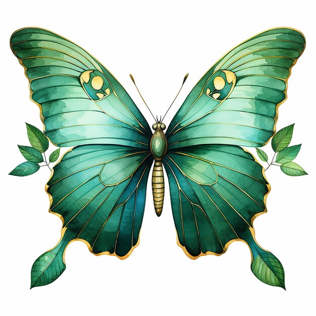 Watercolor Single Emerald and Gold Butterfly