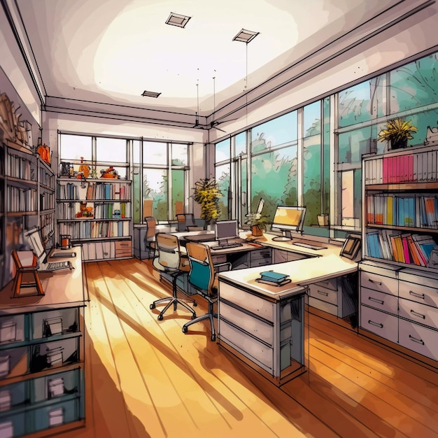 Watercolor and sketch bright interior of a office hand drawn style illustration AI Generated