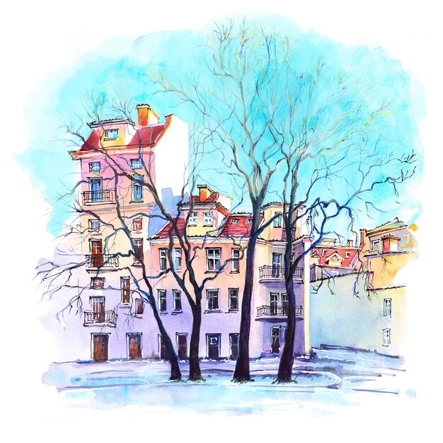 Watercolor sketch of cute colorful houses in winter poznan poland