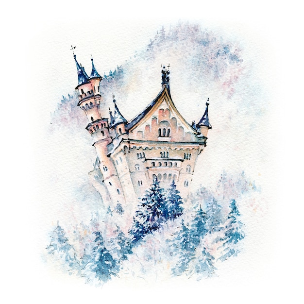 Watercolor sketch of Fairytale Neuschwanstein Castle