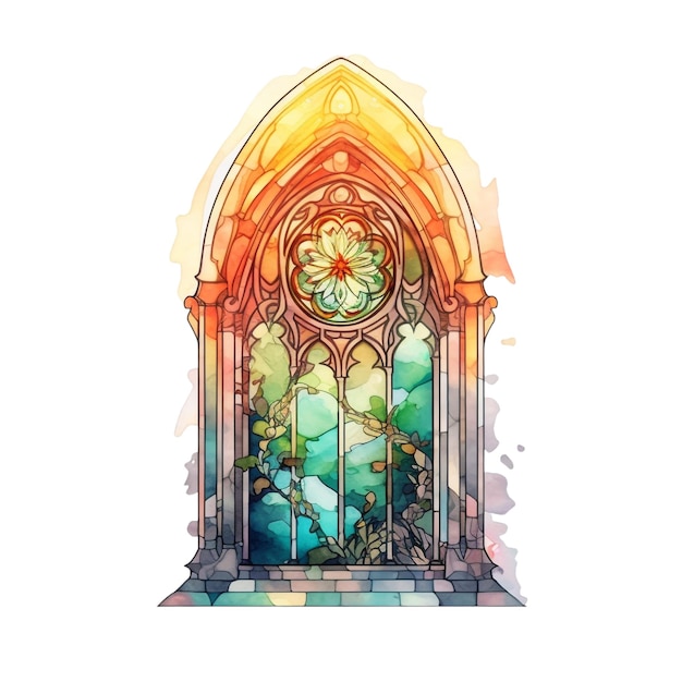 A watercolor sketch of a gothic window with a green forest in the background.