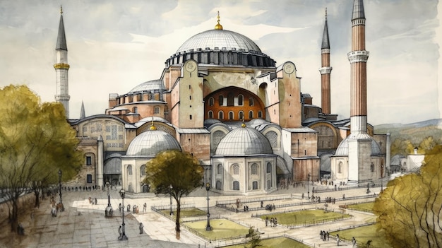 Акварельный эскиз собора Святой Софии в Стамбуле, Турция