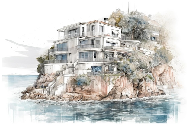 A watercolor sketch of a house on a cliff generative ai image