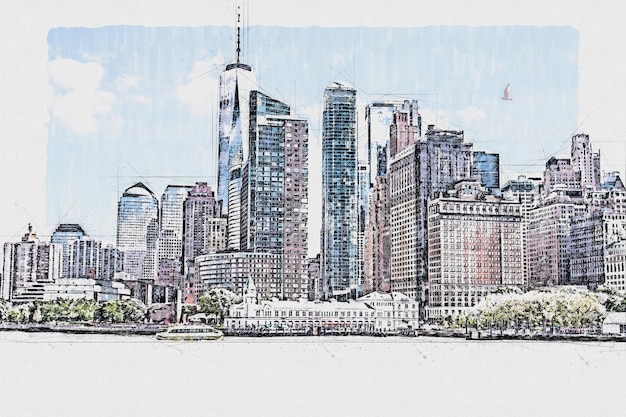 Watercolor sketch or illustration of a beautiful view of the New York City with urban skyscrapers