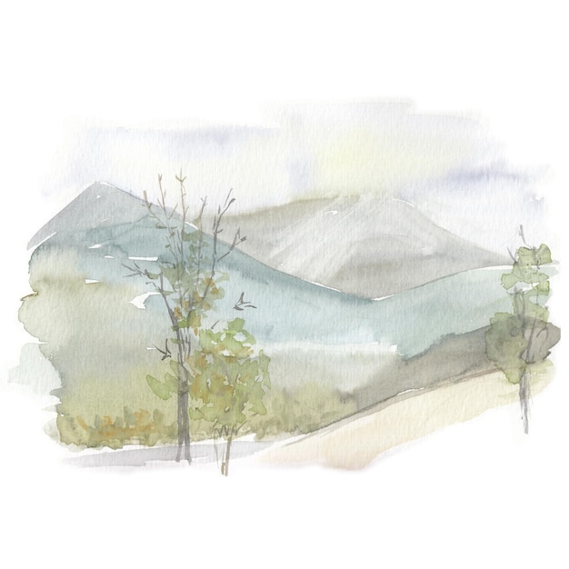 사진 수채화 스케치 풍경, 손으로 그린 그리기 수채화 산 풍경, 흰색 배경에 고립 수채화 그림.