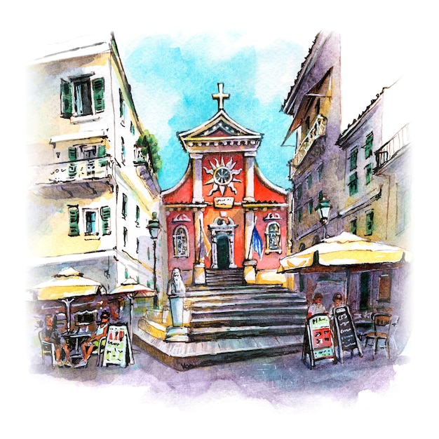 Watercolor sketch of metropolitan cathedral of Theotokos Spilaiotissa in Corfu town, Greece