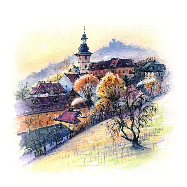 Watercolor sketch of old town of bamberg