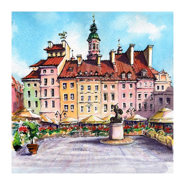 Watercolor sketch of old town market place in warsaw old town poland