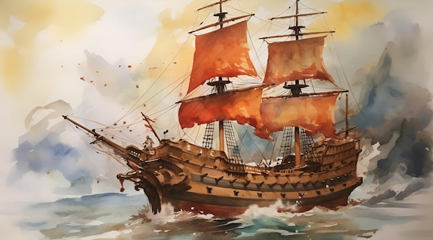 watercolor sketch of a pirate ship on a tan paper