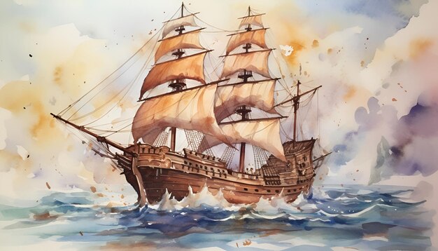 watercolor sketch of a pirate ship on a tan paper